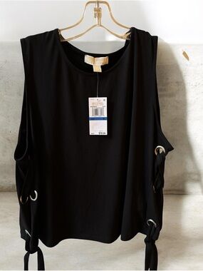 Michael Kors Black Sleeveless Tank with Grommet Tie Details